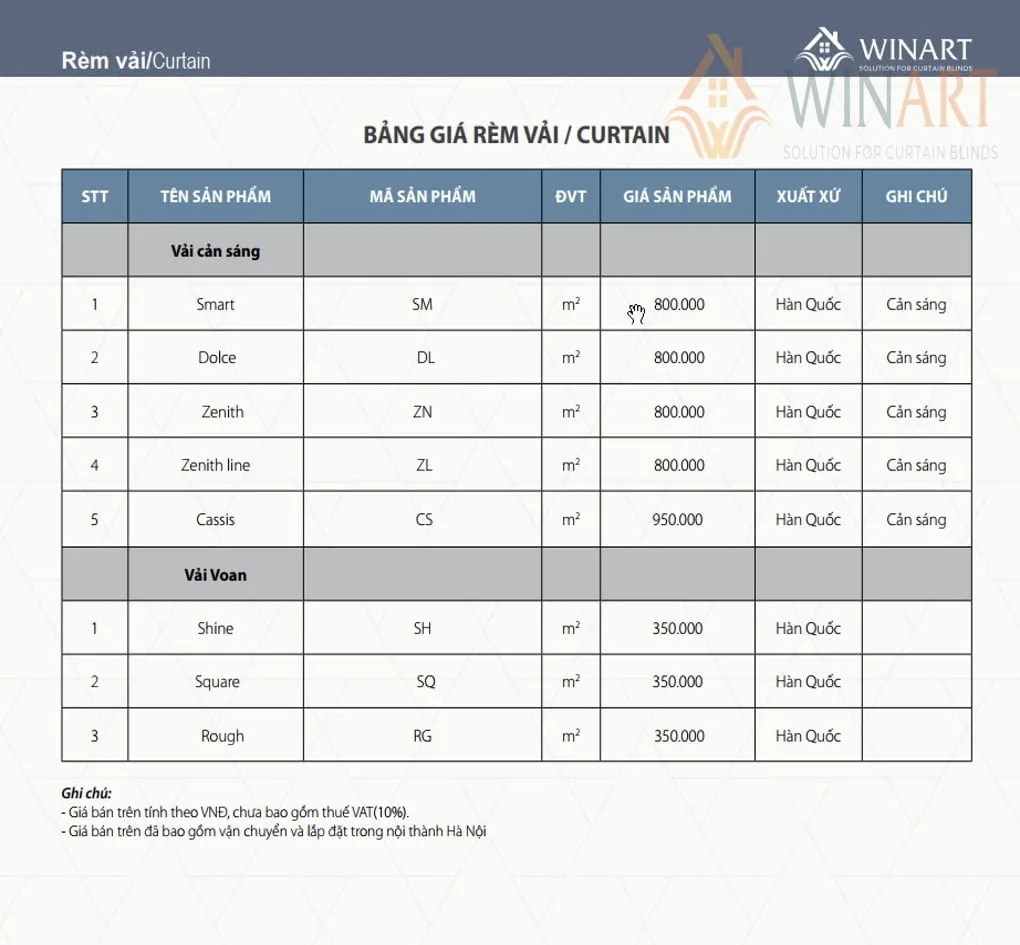 Bảng báo giá rèm vải tại Bách Việt