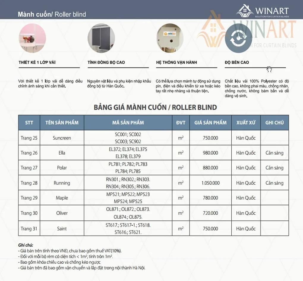 Bảng giá rèm cuốn chi tiết